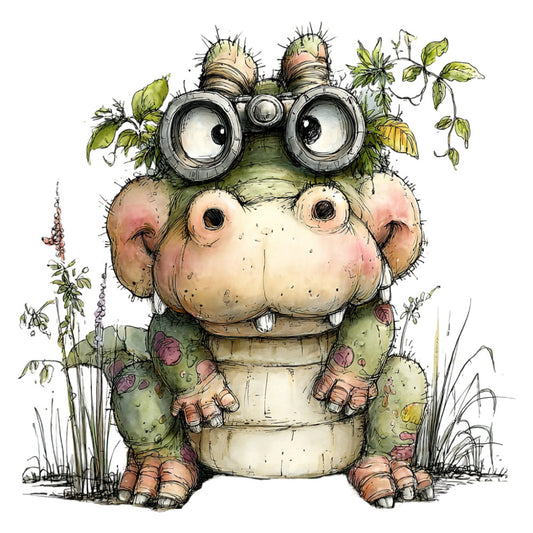 whimsical, frog, toad, nature, animals, woodland, garden, binoculars, sage green, cream, tan, beige, dusty rose, mauve, botanical, leaves, plants, vines, quirky, charming, children's, kids, storybook, illustration, vintage, hand-drawn, adventure, explorer, forest creatures, naturalist