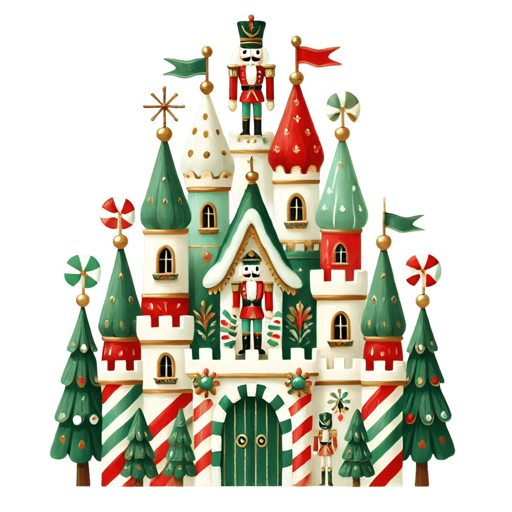 forest green, cream, red, gold, nutcracker, holiday, christmas, festive, castle, towers, whimsical, traditional, vintage, peppermint stripe, toy soldiers, gingerbread, winter, seasonal, decorative, children's, storybook, fairytale, enchanted, flags, pinwheels, architectural, nostalgic, retro christmas