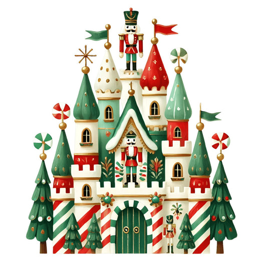 forest green, cream, red, gold, nutcracker, holiday, christmas, festive, castle, towers, whimsical, traditional, vintage, peppermint stripe, toy soldiers, gingerbread, winter, seasonal, decorative, children's, storybook, fairytale, enchanted, flags, pinwheels, architectural, nostalgic, retro christmas
