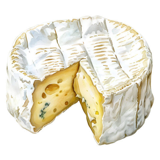 cheese, blue cheese, food, gourmet, cream, white, pale yellow, butter yellow, gold, realistic, culinary, farmhouse, rustic, food art, kitchen, foodie, artisanal, illustration, detailed, three-dimensional, mold veining, cheese lovers, gourmande, traditional, sophisticated, food illustration, farm fresh, kitchen decor, wallhanging