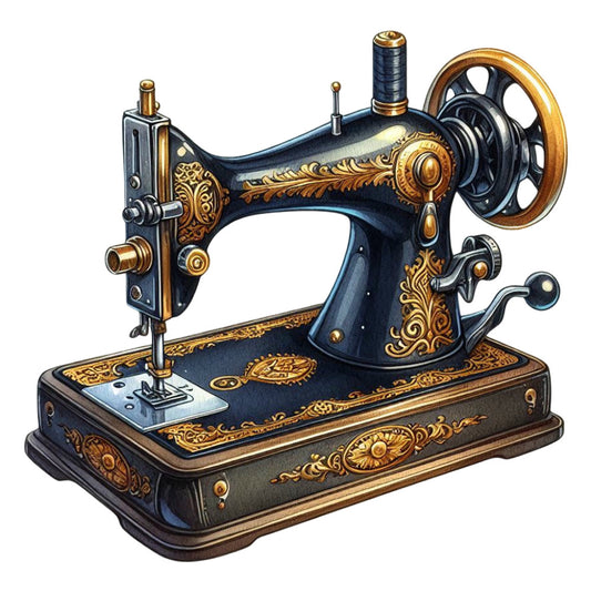 vintage sewing machine, antique, steampunk, ornate, gold accents, navy blue, bronze, decorative, mechanical, retro, Victorian, ornamental, nostalgic, heritage, classic, elegant, traditional, brass details, embellished, industrial, timeless, old-fashioned, collector's theme, crafting, needle and thread, machinery, intricate details, ornate scrollwork