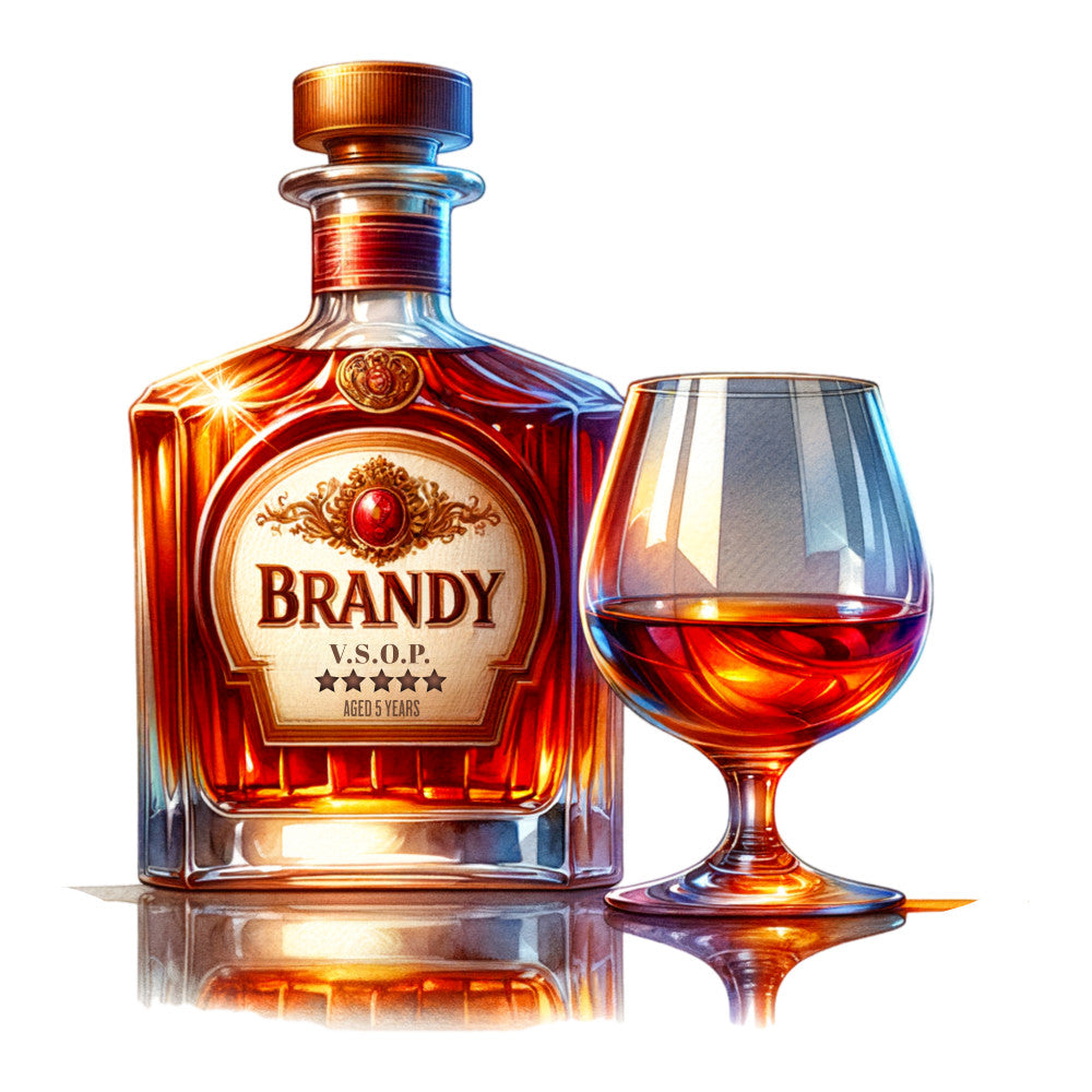 amber, golden, burgundy, copper, brandy bottle, snifter glass, v.s.o.p., liquor, spirits, reflective surface, ornate label, crystal glassware, warm lighting, luxury beverage, aged alcohol, decorative stopper, fabric panel, quilting cotton, rich tones, sophisticated design