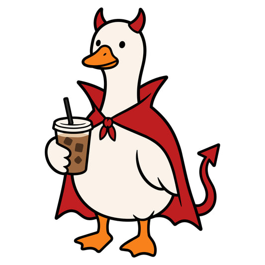 devil duck, demon goose, red cape, horns, halloween, spooky, whimsical, cute, playful, animal, bird, waterfowl, cream white, red, orange, iced coffee drink, beverage, fun, quirky, humorous, novelty, children's, kids, fantasy character, comic style, bold outline, bright colors, statement print, conversation starter