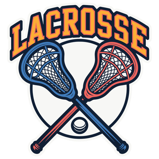 lacrosse, sports, navy blue, coral red, orange, yellow, gold, athletic, team sports, lacrosse sticks, ball sport, recreation, hobby, modern, youth, boys, girls, active wear, game day, competition, school spirit, varsity, varsity sports, crossed sticks, mesh pocket, sports equipment, dynamic, energetic, vibrant colors, bold design