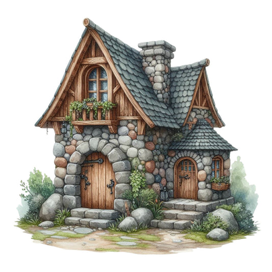 fantasy cottage, storybook house, fairy tale, whimsical, stone cottage, slate blue roof, timber framing, half-timbered, rustic, medieval, cottage core, green roof tiles, wooden doors, arched windows, garden, nature, fantasy architecture, storybook illustration, children's, enchanted, european countryside, teal grey, warm brown, cream, sage green, illustration style, detailed artwork, magical, quaint village, historic