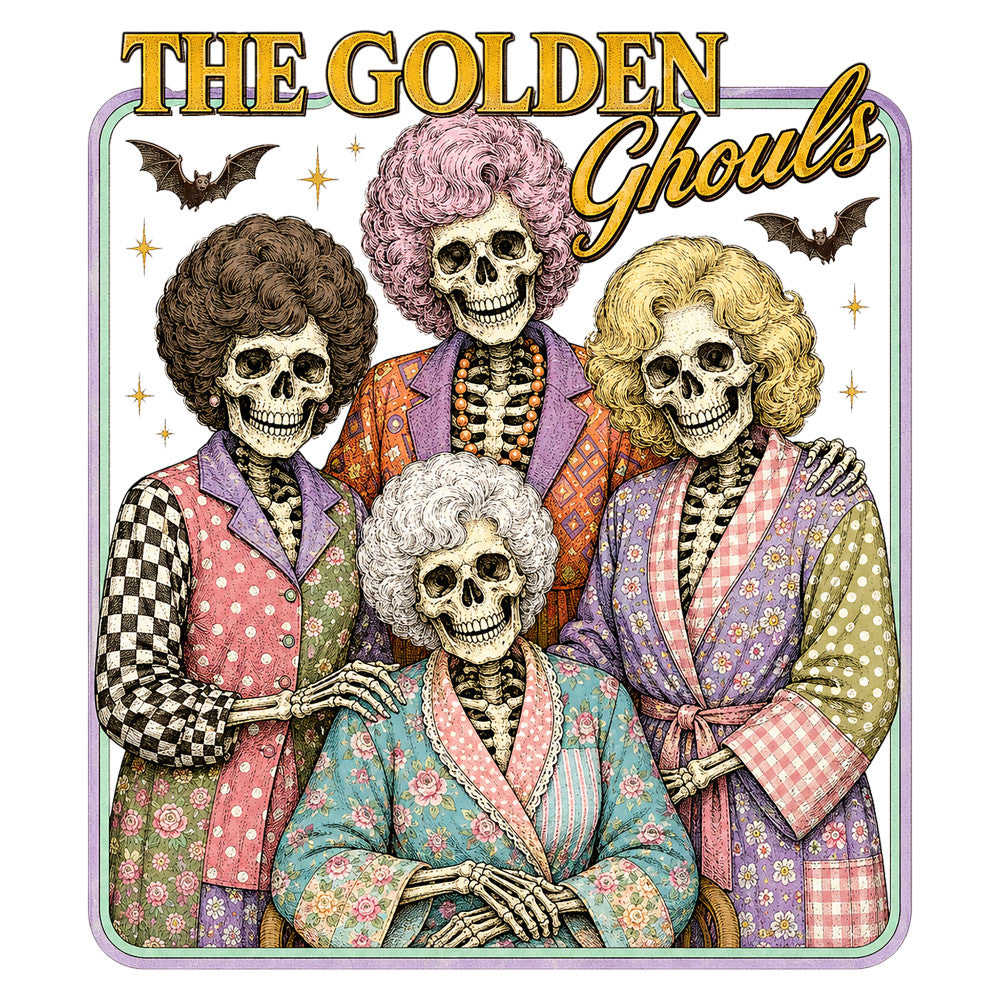the golden ghouls, skeleton, skulls, halloween, spooky, vintage, retro, 70s style, purple, gold, coral pink, dusty rose, sage green, cream, bone white, floral patterns, polka dots, checkered, plaid, paisley, beads, bones, bats, stars, whimsical, gothic, kitschy, novelty, costume, groovy