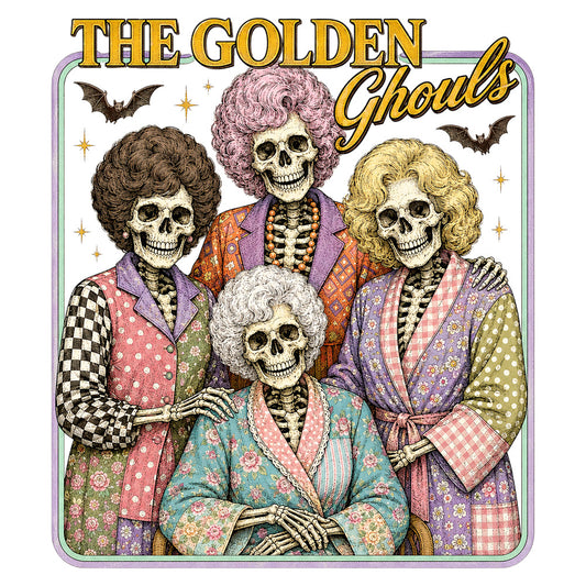 the golden ghouls, skeleton, skulls, halloween, spooky, vintage, retro, 70s style, purple, gold, coral pink, dusty rose, sage green, cream, bone white, floral patterns, polka dots, checkered, plaid, paisley, beads, bones, bats, stars, whimsical, gothic, kitschy, novelty, costume, groovy