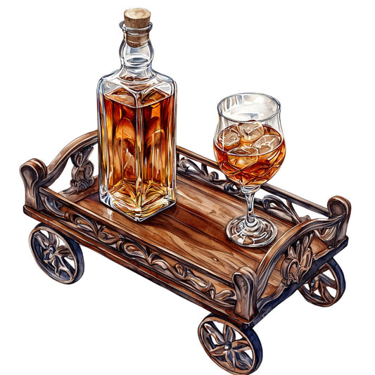 bourbon bottle, whiskey glass, wooden cart, amber liquid, golden brown, cork stopper, crystal decanter, ornate metalwork, vintage wheels, serving tray, alcohol themed, distillery scene, rich browns, glass tumbler, ice cubes, decorative handles, wooden panel, liquor illustration, bar cart, copper tones