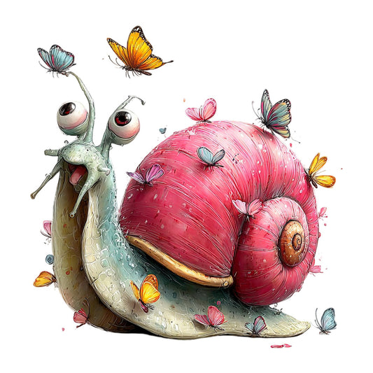 whimsical snail, coral pink, sage green, cream, golden yellow, butterflies, nature, garden, children's illustration, storybook, whimsical style, fantastical creatures, spring, summer, playful, charming, colorful, floral accents, magical, children's fabric, nursery, baby quilt, wall hanging, decorative panel, soft colors, hand-painted style, illustrative, sweet, delicate