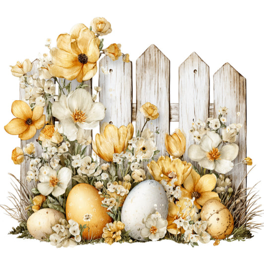 cream, golden yellow, soft white, tan, beige, floral, botanical, Easter, spring, rustic, vintage, farmhouse, cottage core, eggs, daisies, tulips, wildflowers, garden flowers, weathered wood, picket fence, nature, pastoral, traditional, whimsical, elegant, shabby chic, country style, home decor, wall hanging, Easter decoration