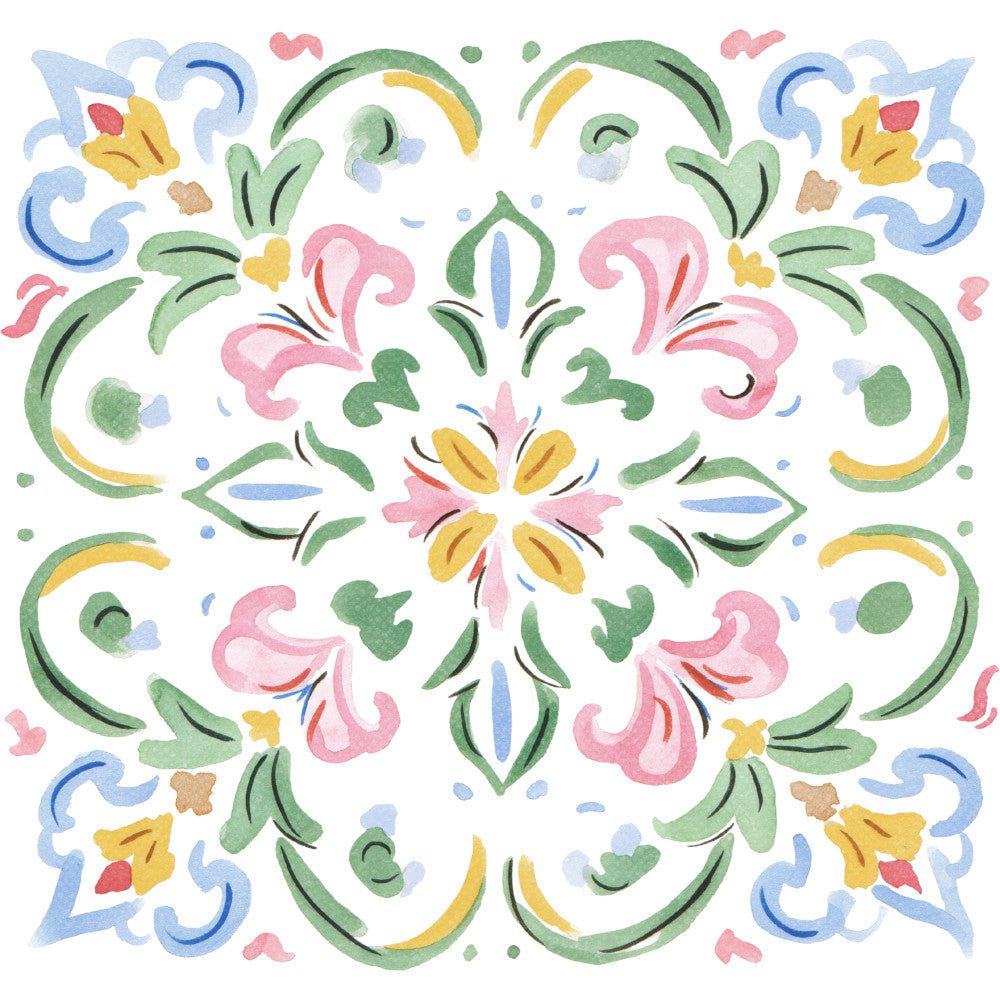 sage green, soft pink, cornflower blue, golden yellow, floral, symmetrical, botanical, nature, whimsical, folk art, traditional, spring, decorative, leaves, flowers, scrollwork, ornamental, elegant, vintage-inspired, pastel colors, damask-style, medallion pattern, romantic, garden theme, artistic, hand-painted style, soft colors, delicate florals, taupe accents, petals