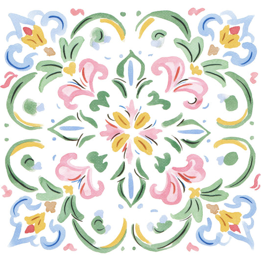 sage green, soft pink, cornflower blue, golden yellow, floral, symmetrical, botanical, nature, whimsical, folk art, traditional, spring, decorative, leaves, flowers, scrollwork, ornamental, elegant, vintage-inspired, pastel colors, damask-style, medallion pattern, romantic, garden theme, artistic, hand-painted style, soft colors, delicate florals, taupe accents, petals