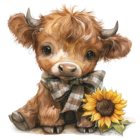 Rustic Sunflower Highland Cows Fabric Panel 4