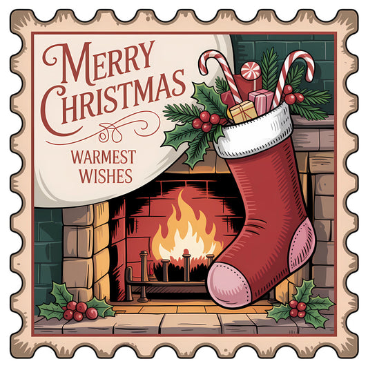 Vintage Christmas Stamps Fabric Panel 5 with cozy fireplace, red stocking filled with gifts, candy canes, holly, and warm holiday wishes.