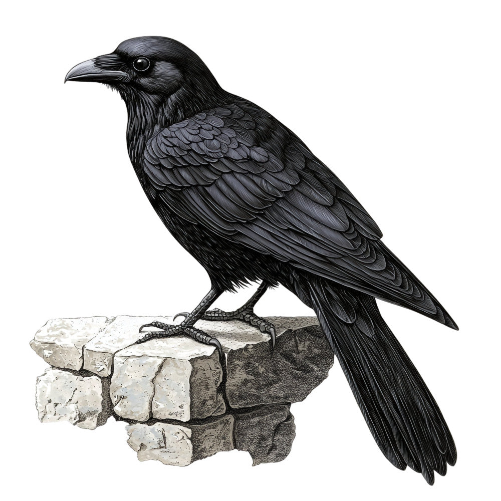 black bird, crow, raven, charcoal gray, stone gray, white, nature, wildlife, animals, ornithology, realistic illustration, detailed, elegant, traditional, botanical, perched bird, naturalistic, monochromatic, black and white, gothic, vintage, classic, nature study, bird watching, rustic elegant, wall hanging, art panel, home decor