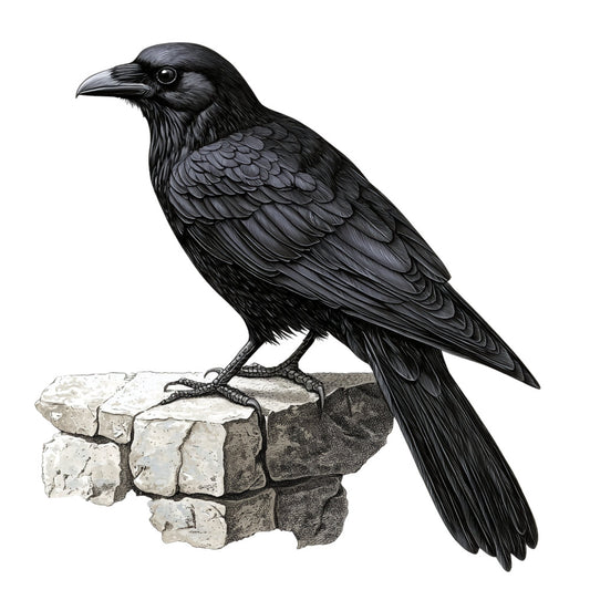 black bird, crow, raven, charcoal gray, stone gray, white, nature, wildlife, animals, ornithology, realistic illustration, detailed, elegant, traditional, botanical, perched bird, naturalistic, monochromatic, black and white, gothic, vintage, classic, nature study, bird watching, rustic elegant, wall hanging, art panel, home decor