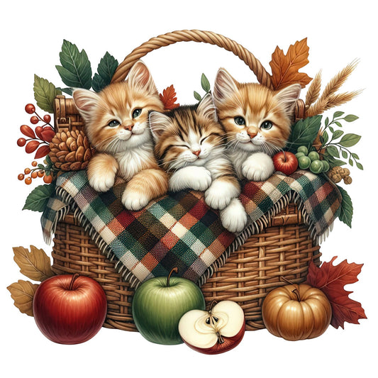 autumn, fall, kittens, cats, cute animals, woodland, harvest, apples, pumpkins, berries, plaid, tartan, cozy, rustic, farmhouse, cottage core, whimsical, charming, warm colors, rust orange, forest green, cream, brown, burgundy, golden yellow, nature, seasonal, children's, baby, thanksgiving