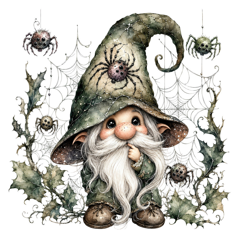 gnome, wizard, forest green, sage green, cream white, gray, spiders, spider webs, holly leaves, autumn, halloween, whimsical, fantasy, magical, cottage core, dark academia, nature, woodland, gothic, vintage, enchanted, mystical, cute gnome, spider motifs, leafy vines, earthy tones, seasonal, decorative panel, wall hanging