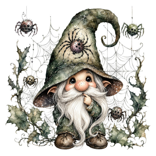 gnome, wizard, forest green, sage green, cream white, gray, spiders, spider webs, holly leaves, autumn, halloween, whimsical, fantasy, magical, cottage core, dark academia, nature, woodland, gothic, vintage, enchanted, mystical, cute gnome, spider motifs, leafy vines, earthy tones, seasonal, decorative panel, wall hanging