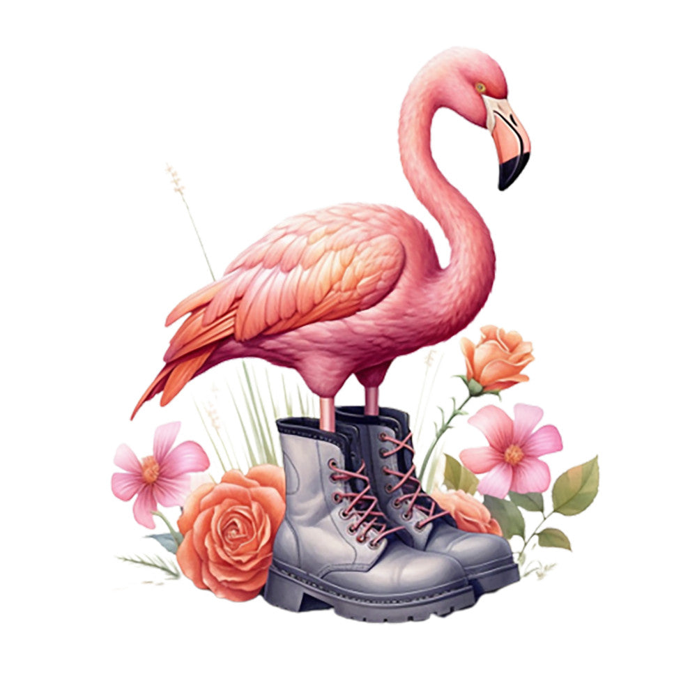 pink flamingo, combat boots, coral roses, pink flowers, watercolor style, whimsical design, fabric panel, quilting cotton, floral arrangement, peach tones, soft pink, gray boots, botanical elements, decorative panel, tropical bird, fantasy theme, artistic illustration, crafting fabric, sewing panel, feminine colors