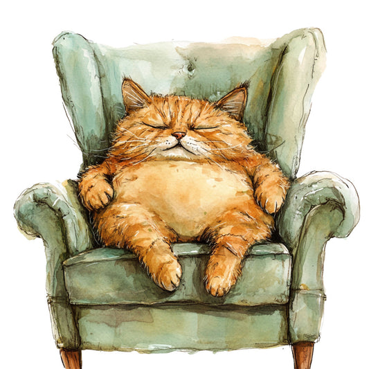 orange cat, ginger cat, tabby cat, sage green, cream, tan, beige, watercolor, whimsical, humorous, funny, armchair, furniture, relaxing, cozy, cottage core, home decor, wall art, illustration style, animal lover, cat lover, vintage chair, sitting cat, contentment, peaceful, comfortable, charming, decorative panel, home accent, children's