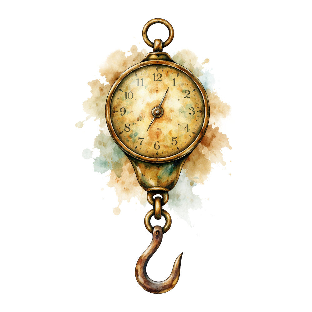 vintage clock, steampunk, antique brass, pocket watch, time theme, watercolor, aged gold, rustic, industrial, brown, cream, beige, tan, sepia tones, distressed, botanical watercolor, vintage steampunk, mechanical, timeless, nostalgic, retro, grunge texture, mixed media, wall art, home decor, gallery wall, inspirational, time is precious, clock face, hanging scale
