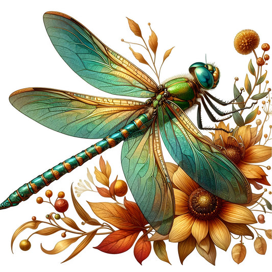 teal, turquoise, emerald green, gold, bronze, yellow, rust orange, copper, cream, dragonfly, botanical, floral, nature, insects, flowers, sunflowers, whimsical, elegant, detailed illustration, autumn, fall, spring, summer, garden, wildlife, steampunk, vintage, decorative, naturalistic, artistic