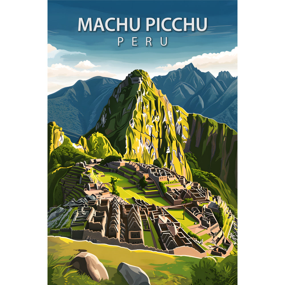 machu picchu, peru, travel poster, vintage style, mountain landscape, ancient ruins, stone structures, terraced architecture, blue sky, white clouds, green vegetation, yellow highlights, gray stone, turquoise blue, fabric panel, quilting cotton, scenic vista, andean mountains, archaeological site, tourism design