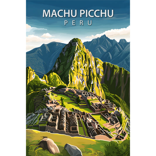 machu picchu, peru, travel poster, vintage style, mountain landscape, ancient ruins, stone structures, terraced architecture, blue sky, white clouds, green vegetation, yellow highlights, gray stone, turquoise blue, fabric panel, quilting cotton, scenic vista, andean mountains, archaeological site, tourism design