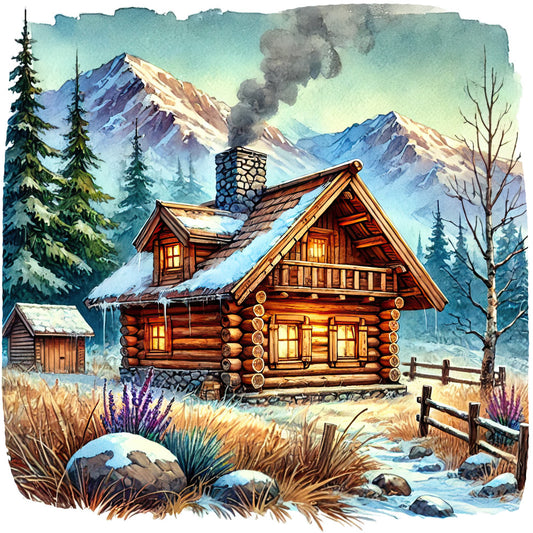 log cabin, winter scene, mountain landscape, snow covered peaks, evergreen trees, stone chimney, warm golden light, rustic architecture, wooden fence, purple wildflowers, teal sky, fabric panel, quilting cotton, cozy cabin, alpine setting, winter wonderland, golden brown logs, pine forest, rocky mountains, watercolor style