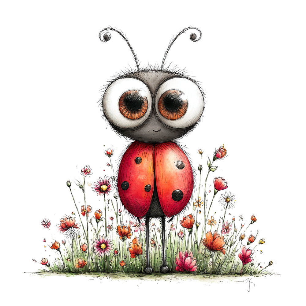 whimsical, ladybug, red, orange, coral, pink, black, spring, nature, insects, flowers, floral, garden, cute, children's, playful, illustration, artistic, daisies, wildflowers, botanical, summer, cheerful, wide-eyed, character, novelty, bedding, kids fabric, charming