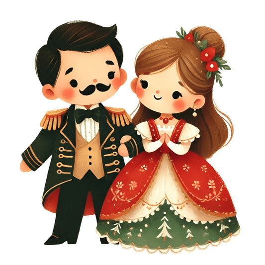 vintage couple, christmas, holiday, festive, romantic, couple illustration, nutcracker, formal wear, tuxedo, ball gown, red dress, forest green, gold trim, cream, black, elegant, whimsical, retro, mid-century, storybook, fairytale, winter, christmas decorations, evergreen trees, floral crown, red berries, traditional, nostalgic, children's illustration, decorative panel