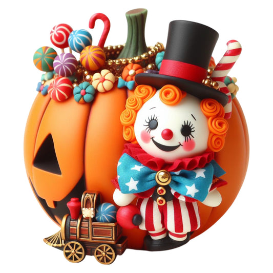 halloween, pumpkin, clown, carnival, circus theme, candy, lollipop, candy cane, striped, polka dot, whimsical, festive, orange, red, black, white, cream, turquoise blue, gold accents, stars, colorful, playful, autumn, fall, children's, novelty, vintage circus, retro, jack-o-lantern, top hat