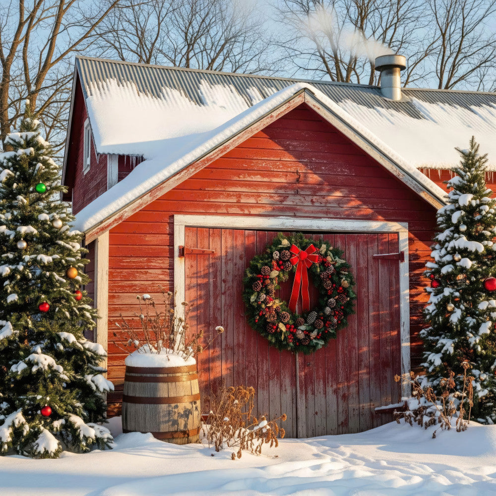 red barn, snow, winter, christmas, holiday, farmhouse, rustic, wreath, red wreath, evergreen, pine trees, wooden door, barn door, festive, seasonal, red and green, white snow, traditional, country, vintage, cozy, decorative wreath, holiday decor, winter scene, snowy landscape, red barn aesthetic, country charm, holiday themed