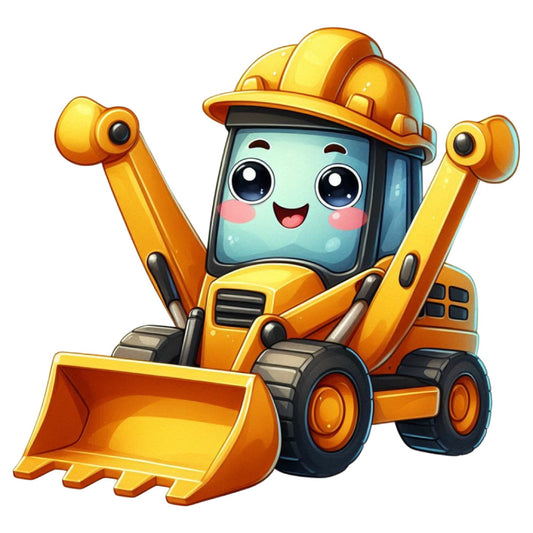 bright yellow, golden orange, construction vehicle, bulldozer, excavator, cute character, kawaii, smiling face, big eyes, hard hat, heavy equipment, builder theme, construction theme, children's design, playful, whimsical, cartoon style, cheerful, animated character, baby-friendly, toddler design, blue-grey, orange and yellow, gender-neutral, machine motif, construction worker, industrial theme, playful character, expressive face