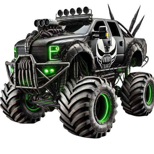 monster truck, neon green, black, metallic gray, industrial, mechanical, steampunk, automotive, vehicles, trucks, futuristic, punk rock, edgy, bold, dramatic, rebellious, gears, engines, spikes, horns, glowing lights, extreme sports, action-packed, modern, high-energy, dark, menswear, kids adventure, novelty print