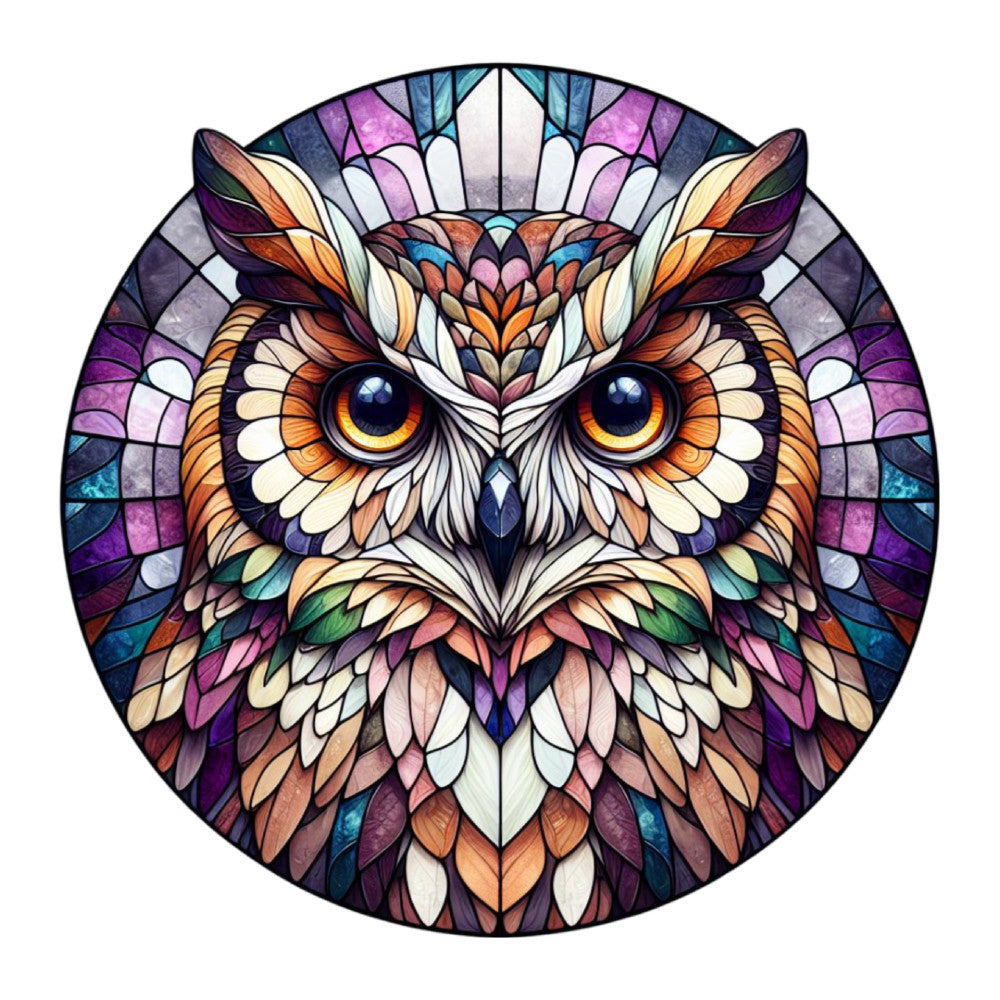 stained glass, owl, circular panel, purple, orange, blue, teal, white, geometric patterns, mandala design, bright eyes, feather details, symmetrical, mosaic style, fabric panel, quilting cotton, nature motif, bird artwork, vibrant colors, decorative panel