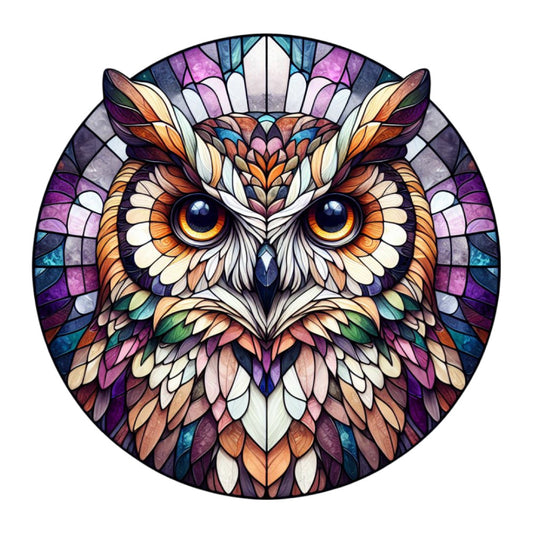 stained glass, owl, circular panel, purple, orange, blue, teal, white, geometric patterns, mandala design, bright eyes, feather details, symmetrical, mosaic style, fabric panel, quilting cotton, nature motif, bird artwork, vibrant colors, decorative panel