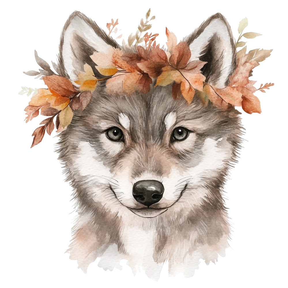 wolf, husky, animal portrait, autumn leaves, fall foliage, floral crown, watercolor, woodland, nature, rustic, whimsical, bohemian, sage green, cream, tan, rust, burnt orange, golden yellow, forest animal, boho, artistic, decorative, quilt panel, wall art, nursery, kids, children, seasonal, autumn, earthy tones