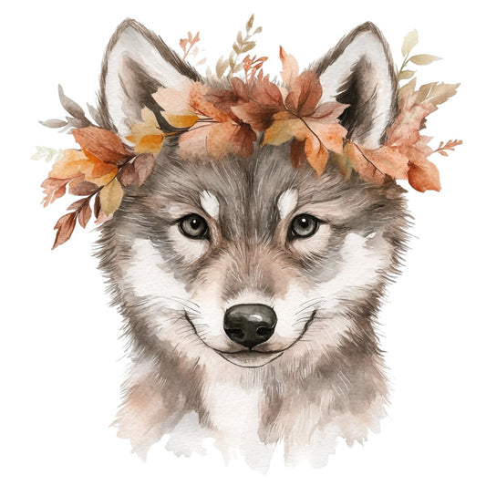 wolf, husky, animal portrait, autumn leaves, fall foliage, floral crown, watercolor, woodland, nature, rustic, whimsical, bohemian, sage green, cream, tan, rust, burnt orange, golden yellow, forest animal, boho, artistic, decorative, quilt panel, wall art, nursery, kids, children, seasonal, autumn, earthy tones