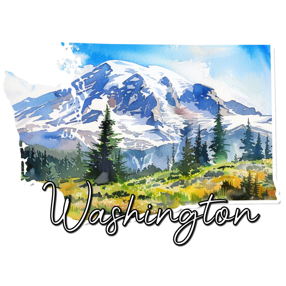 washington state, mount rainier, snow capped mountain, alpine landscape, evergreen trees, coniferous forest, mountain scenery, scenic vista, nature landscape, sky blue, forest green, white snow, cream, gray, golden yellow, wildflowers, meadow, hiking, outdoor adventure, travel, scenic, rustic, vintage, nature themed, state pride, pacific northwest, illustrated landscape, watercolor style, traditional, pastoral