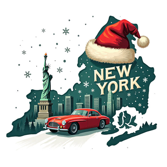 Christmas US States Fabric Panel 19 featuring New York state map with Santa hat, Statue of Liberty, city skyline, and red car illustration.