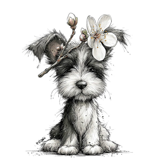 dog, puppy, terrier, black and white, charcoal gray, cream, botanical, floral, flowers, cherry blossoms, white flowers, nature, whimsical, illustration, sketch, artistic, cute, adorable, animal lover, pet, spring, nursery, children, baby, wall hanging, home decor, portrait, line art, delicate, sweet