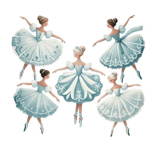 ballet, ballerina, dancers, tutus, ice blue, dusty blue, cream, white, vintage, whimsical, elegant, classic, graceful, performance, dance, theatrical, silhouettes, decorative motifs, ornate skirts, tulle, pointe shoes, tiara, hair accessories, storybook, fairy tale, nostalgic, retro illustration, children's, timeless, romantic