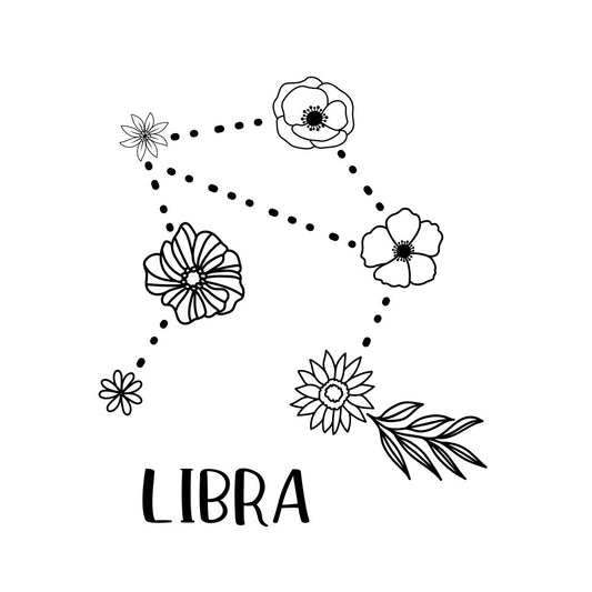 black and white, floral, line drawing, botanical, zodiac, libra, astrology, celestial, nature, minimalist, modern, bohemian, whimsical, dainty flowers, simple design, elegant, sketch style, flowers with stems, dotted path, horoscope, astrology sign, spring, garden flowers, black outline, white background, decorative, contemporary, artistic, libra constellation