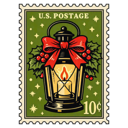 forest green, cream, red, black, gold, vintage, retro, holiday, christmas, lantern, candle, holly, berries, bow, ribbon, stars, celestial, traditional, nostalgic, winter, festive, decorative, elegant, classic, postage stamp, botanical, evergreen, warm tones, seasonal, victorian