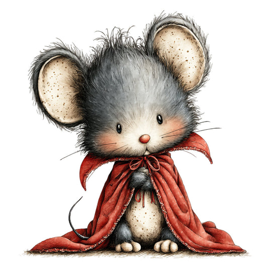 cream, gray, red, rust, charcoal, soft gray, brick red, dusty red, mouse, cute animals, whimsical, children's, storybook, illustrated, vintage, adorable, sweet, gentle, fairy tale, character panel, nursery, baby, animal character, dressed mouse, cape, bow tie, storybook style, folk art, charming