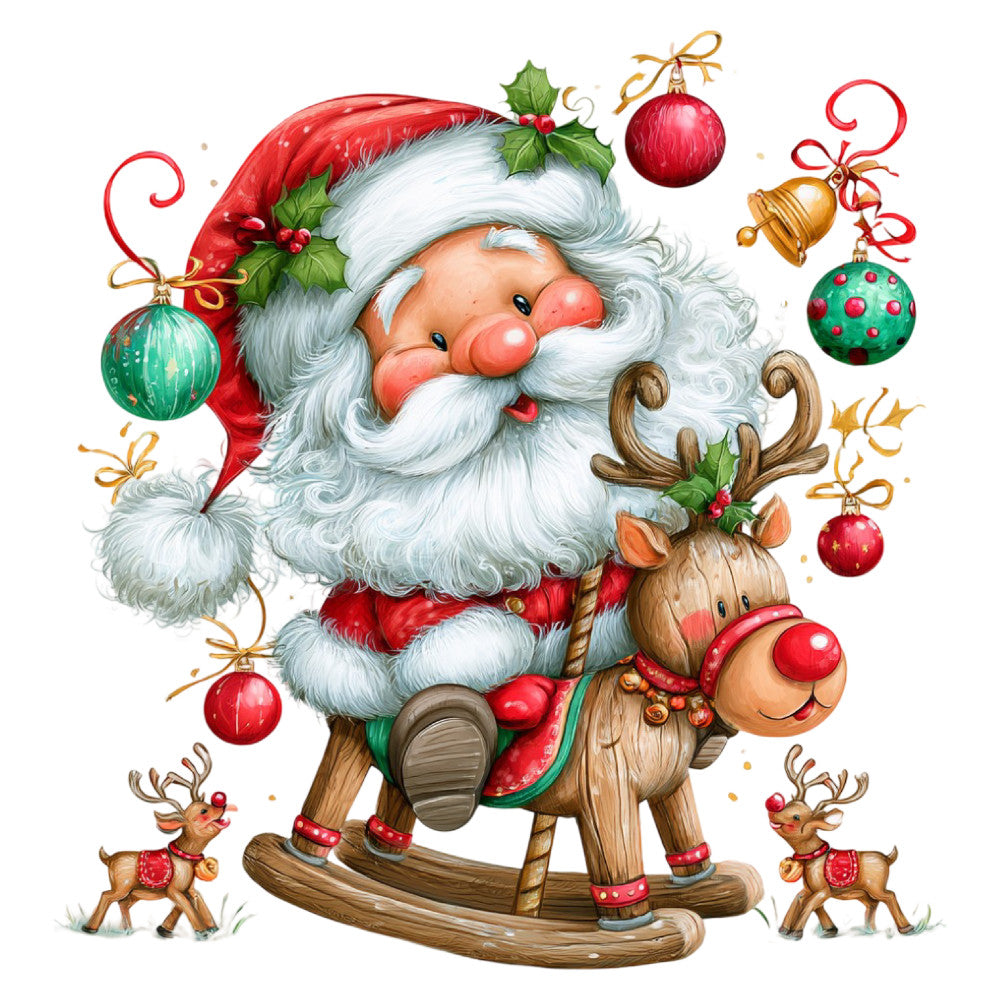 santa, christmas, holiday, red, white, cream, gold, green, festive, whimsical, jolly, traditional, vintage, reindeer, ornaments, bells, holly, decorative, seasonal, winter, nostalgic, childlike, playful, fun, kitschy, retro, cheerful, yuletide, gift-giving, celebration