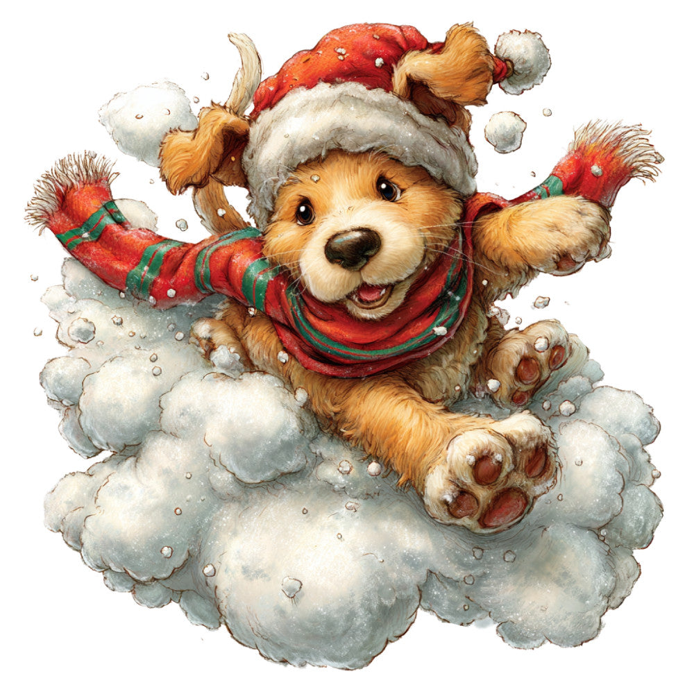 christmas, holiday, festive, dog, puppy, cute animals, teddy bear, snow, winter, red, white, cream, forest green, striped, plaid, tartan, whimsical, playful, cheerful, children's, kids, baby, nursery, christmas dog, santa hat, snow cloud, cozy, traditional, seasonal, storybook