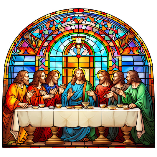 stained glass, religious, last supper, jesus christ, apostles, spiritual, faith, turquoise blue, sky blue, vibrant red, golden yellow, orange, emerald green, jewel tones, geometric, arched window, traditional, elegant, biblical, christian, devotional, sacred, ornate, multi-colored, rainbow, vintage, religious iconography, faith-based, table runner, wall hanging